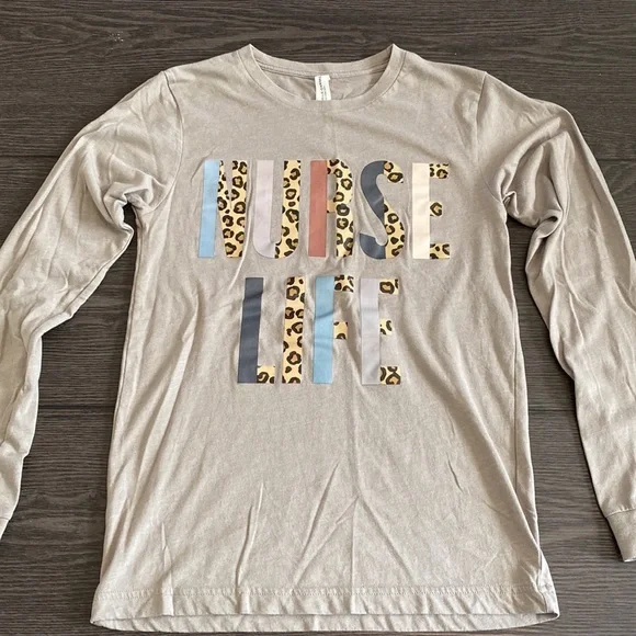 “Nurse Life” long sleeve tee. Size S. Tan with leopard print lettering. - Picture 4 of 16